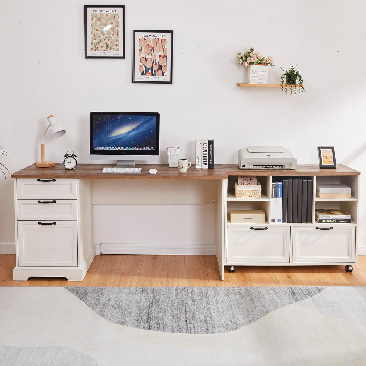 60"L-Shaped Executive Desk with 40"Adjustable File Cabinet,Farmhouse Home Office Desk