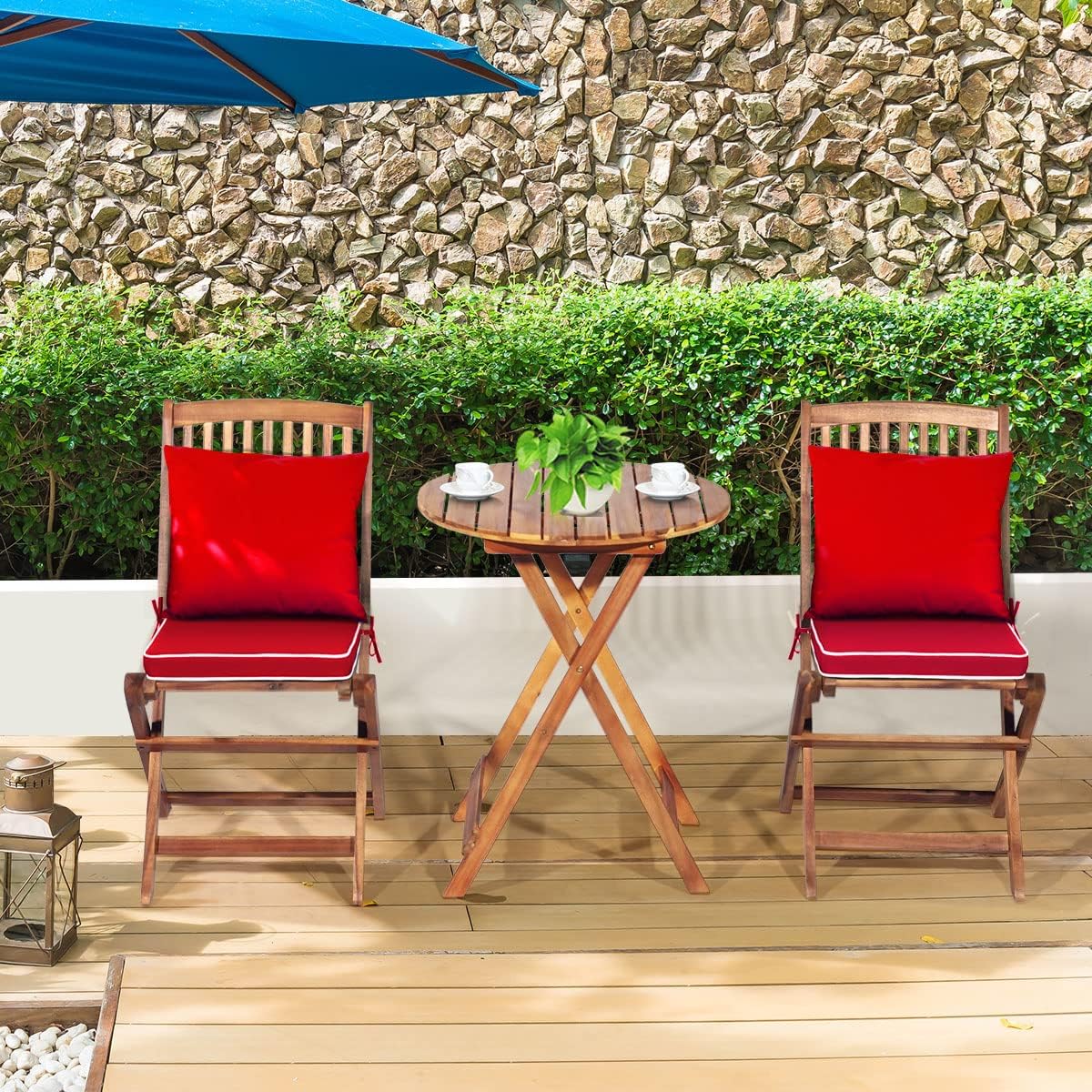 3 Pieces Folding Acacia Wood Bistro Set, Patio Furniture Set with Cushions & 1 Round Table