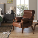 Mid-Century Modern Accent Chair with Removable Armrest Pillows, Upholstered Lounge Arm Chair with Heightened Headrest, Wood Frame & Soft Cushion for Living Room, Bedroom, Brown PU Leather