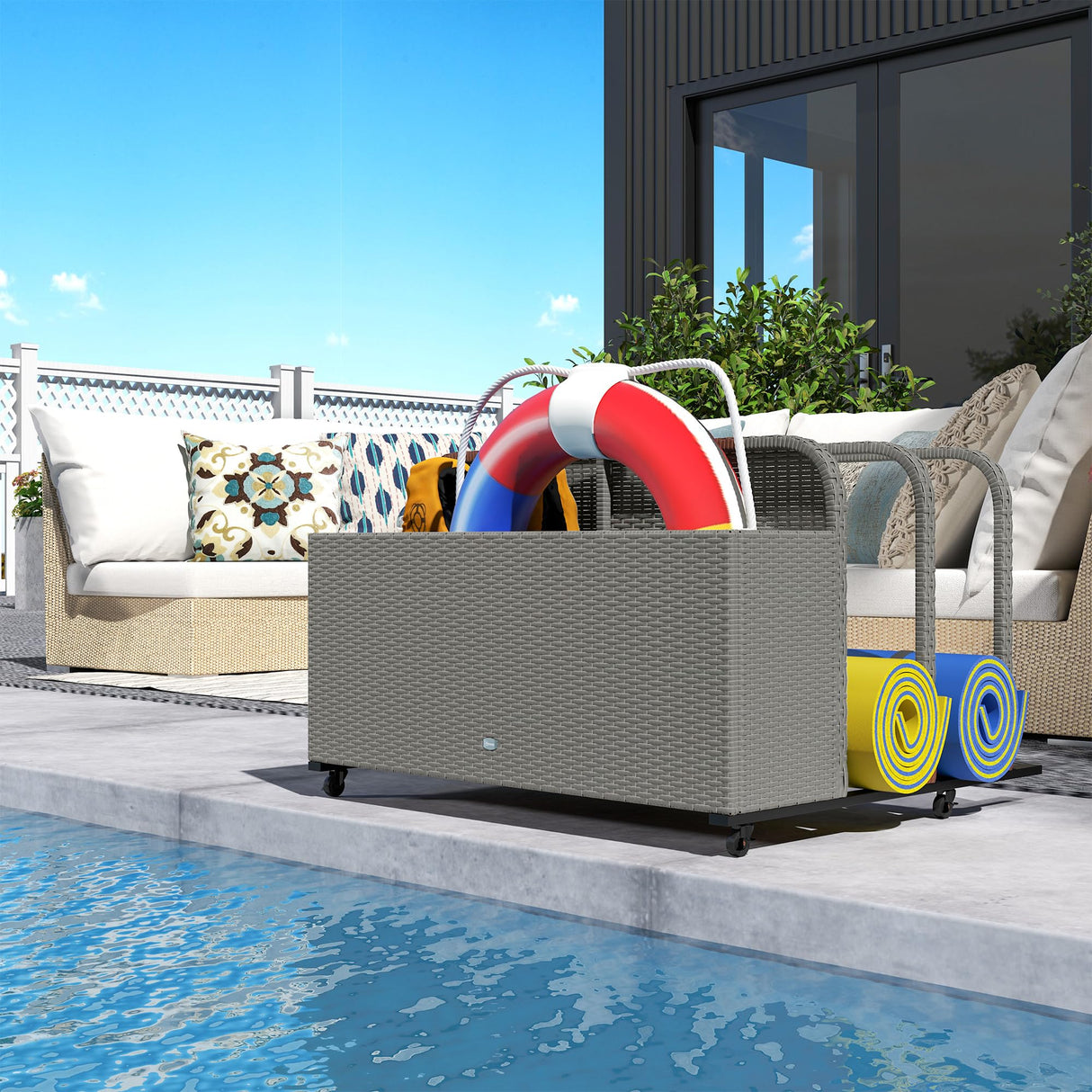 Wicker Patio Pool Float Storage Basket, PE Rattan Outdoor Pool Caddy with Rolling Wheels
