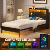 Twin Bed Frame with LED Headboard and Charging Station