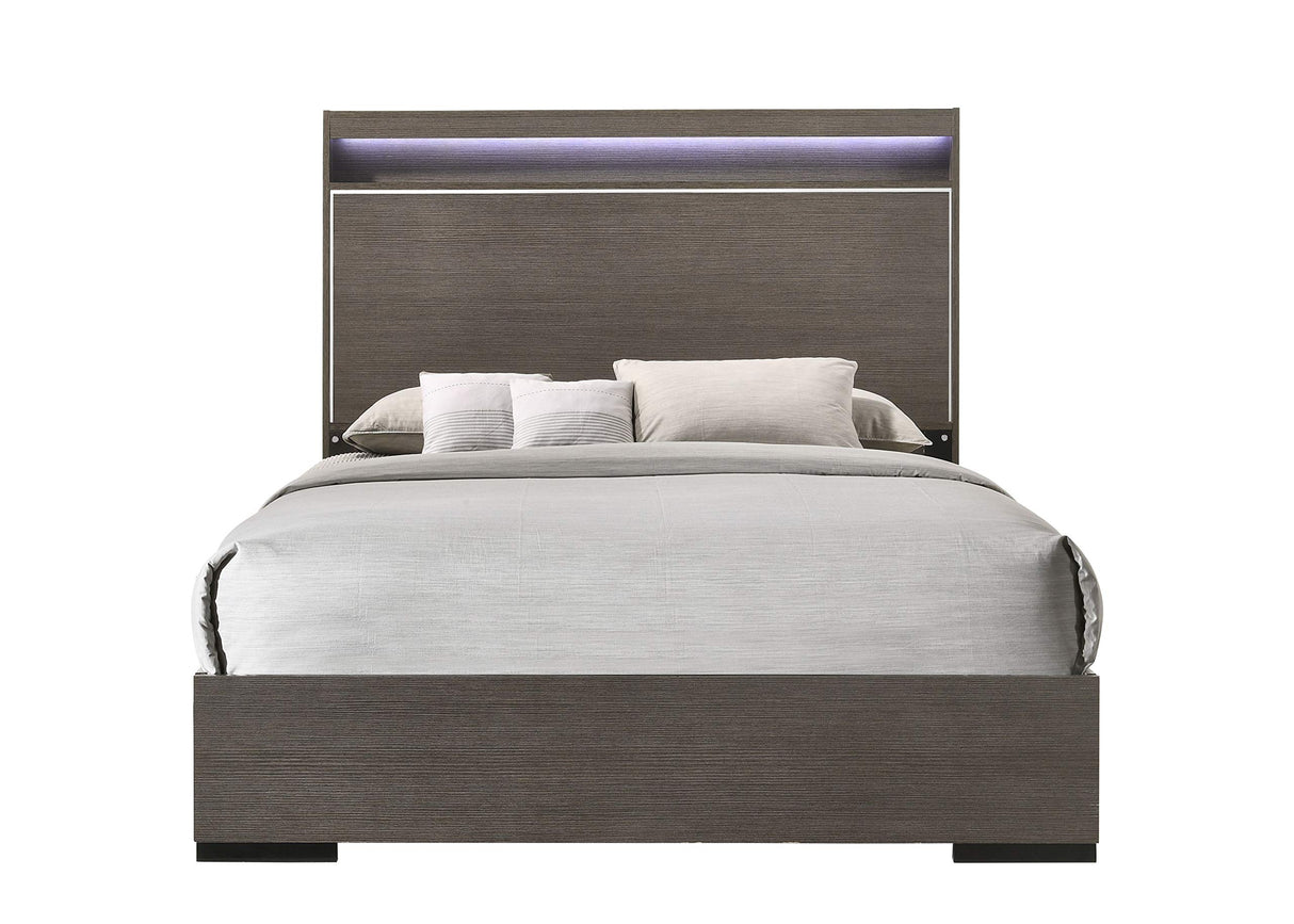 Escher Wooden Eastern King Panel Bed with LED in Gray Oak