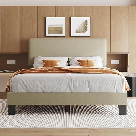 Queen Bed Frame with Headboard,Linen Upholstered Bed Frame with Wood Slats Suppor