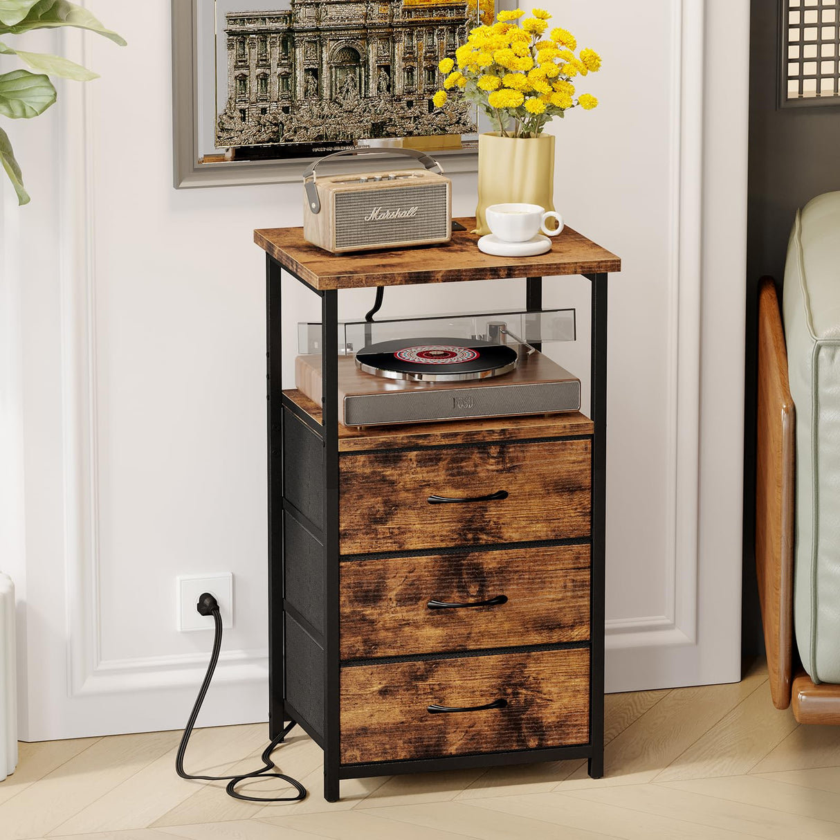 Night Stand with 3 Fabric Drawers, Tall Nightstand for Bedroom, Bedside Table with Charging Station End Table with Storage,