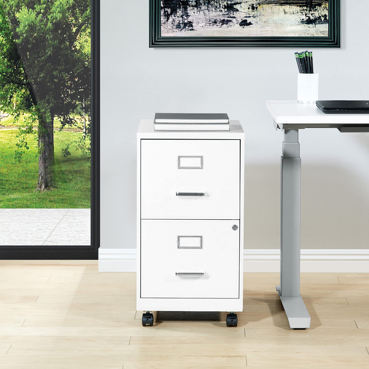 OSP Home Furnishings 2 Drawer Mobile Locking Metal File Cabinet, White