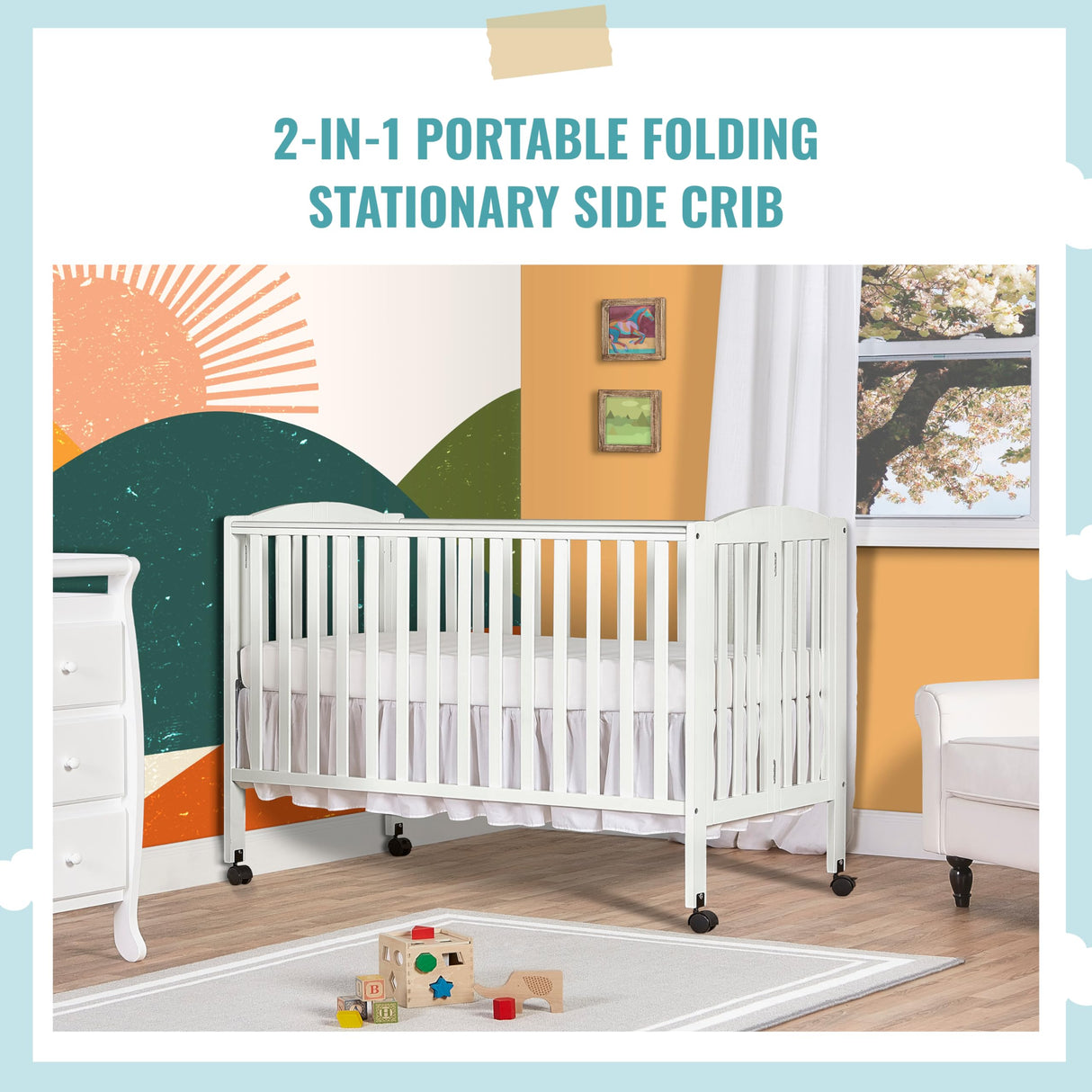 Full Size 2-in-1 Folding Stationary Side Crib In White, Locking Wheels, Folds Flat For Storage,