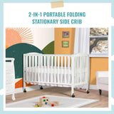 Full Size 2-in-1 Folding Stationary Side Crib In White, Locking Wheels, Folds Flat For Storage,