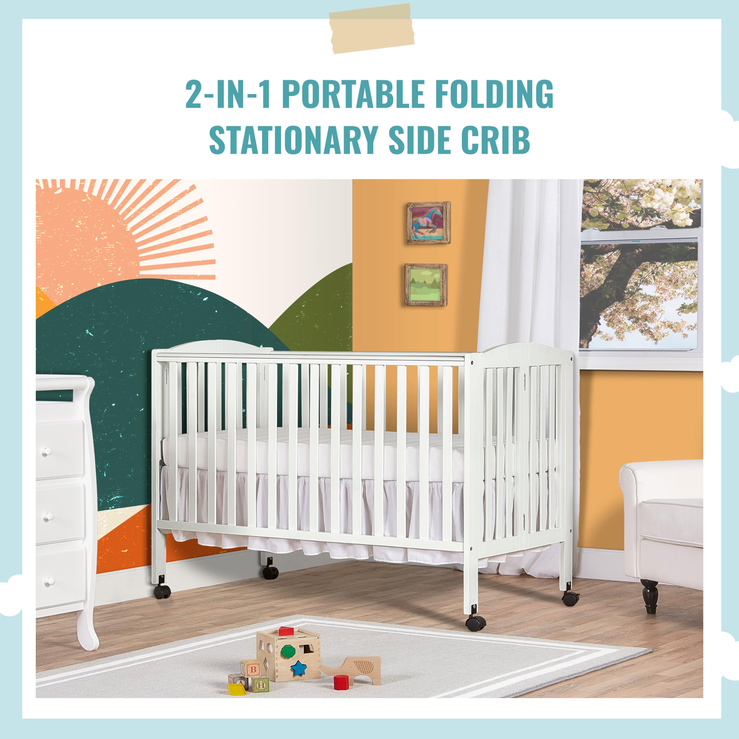 Full Size 2-in-1 Folding Stationary Side Crib In White, Locking Wheels, Folds Flat For Storage,
