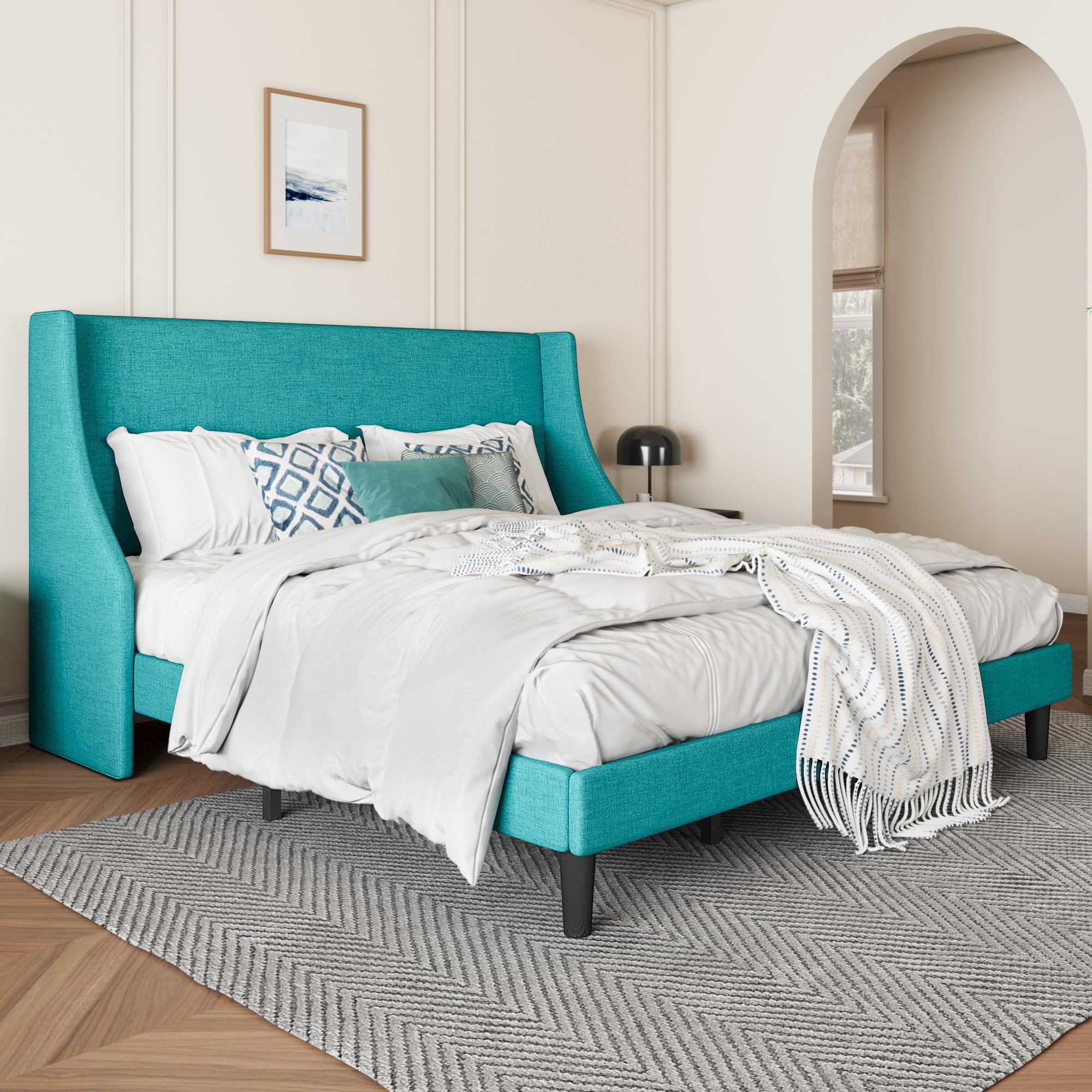 Upholstered Bed Frame King Size with Streamlined Wingback Headboard