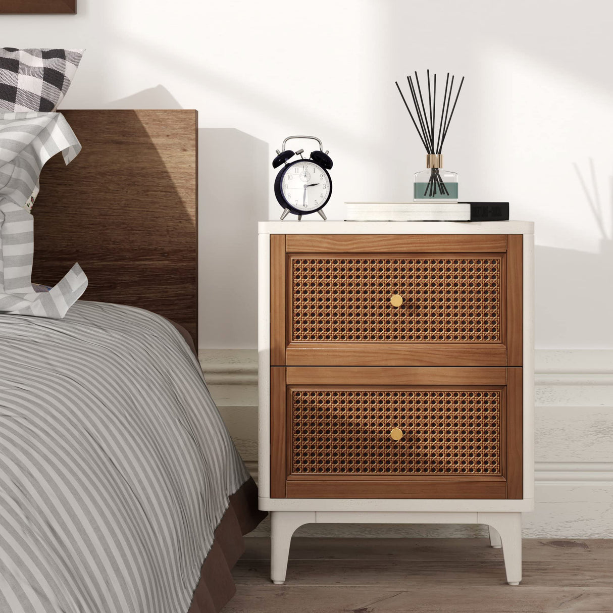 Fully-Assembled 2-Drawer Woven Cane Front Accent Nightstand with Brass Knobs