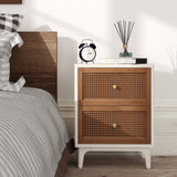 Fully-Assembled 2-Drawer Woven Cane Front Accent Nightstand with Brass Knobs