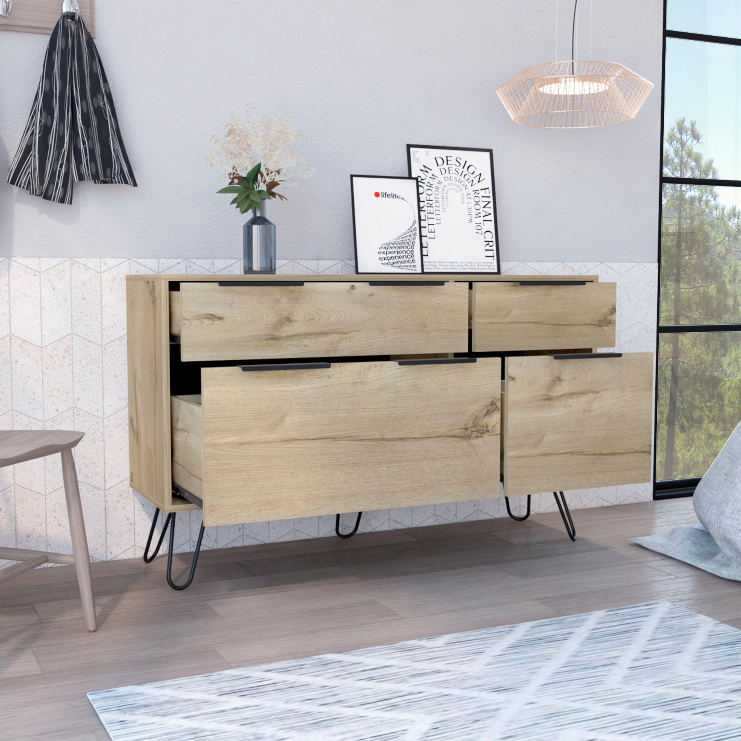 Augusta Double Dresser, Superior Top, Hairpin Legs, Four Drawers -Light Oak
