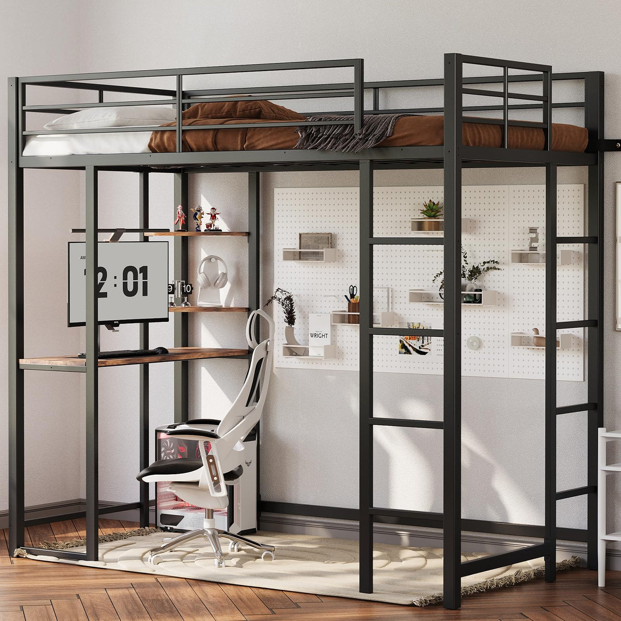 Loft Bed Twin Size with Desk and Storage Shelves, Heavy Duty Metal Bunk Bed