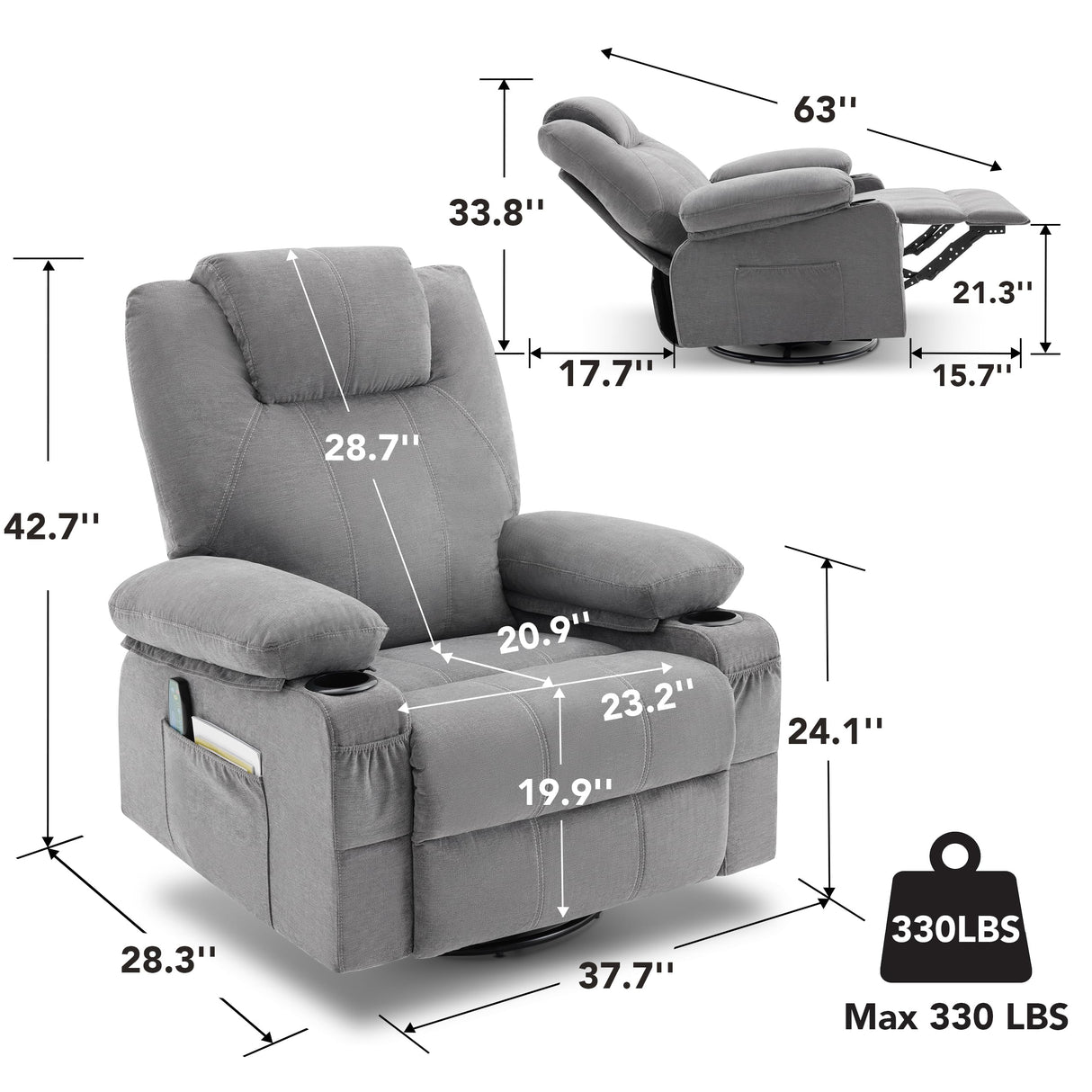 Swivel Rocker Recliner Chair with Heat and Massage, 360 Degree Swivel Rocking Single