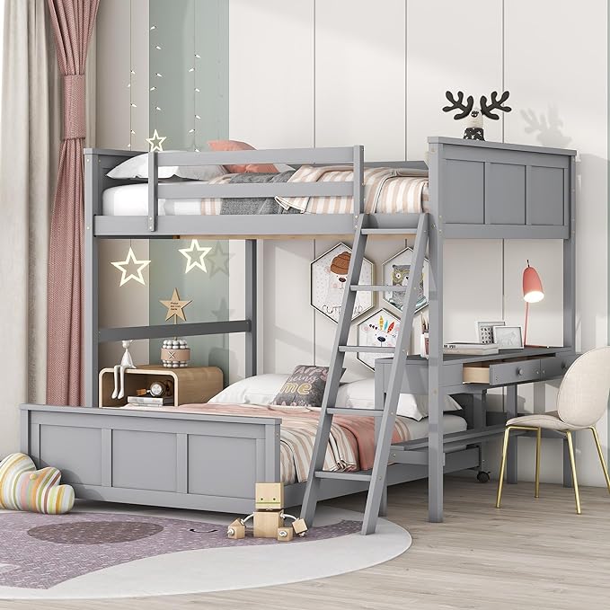 Twin Over Full Bunk Beds with Desk and Drawers