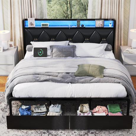 King Size Bed Frame with Headboard and Storage Drawers, Black Upholstered Bed Frame