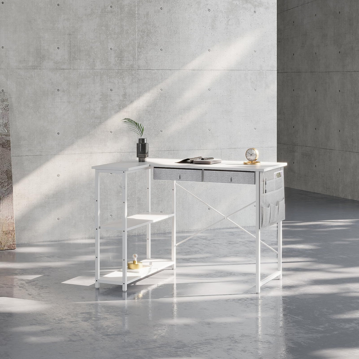 Small Desk with Drawers, 39" Corner Desk with Storage, Computer Desk with Shelves and Side Pouch, Study Table for Small Space with Storage, Corner L Shaped Desk for Home Office Bedroom, White