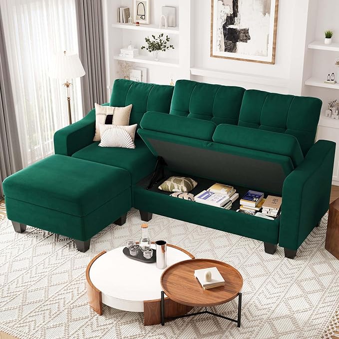 Velvet Sectional Couch with Storage, L Shaped Sofa with Chaise for Small Space