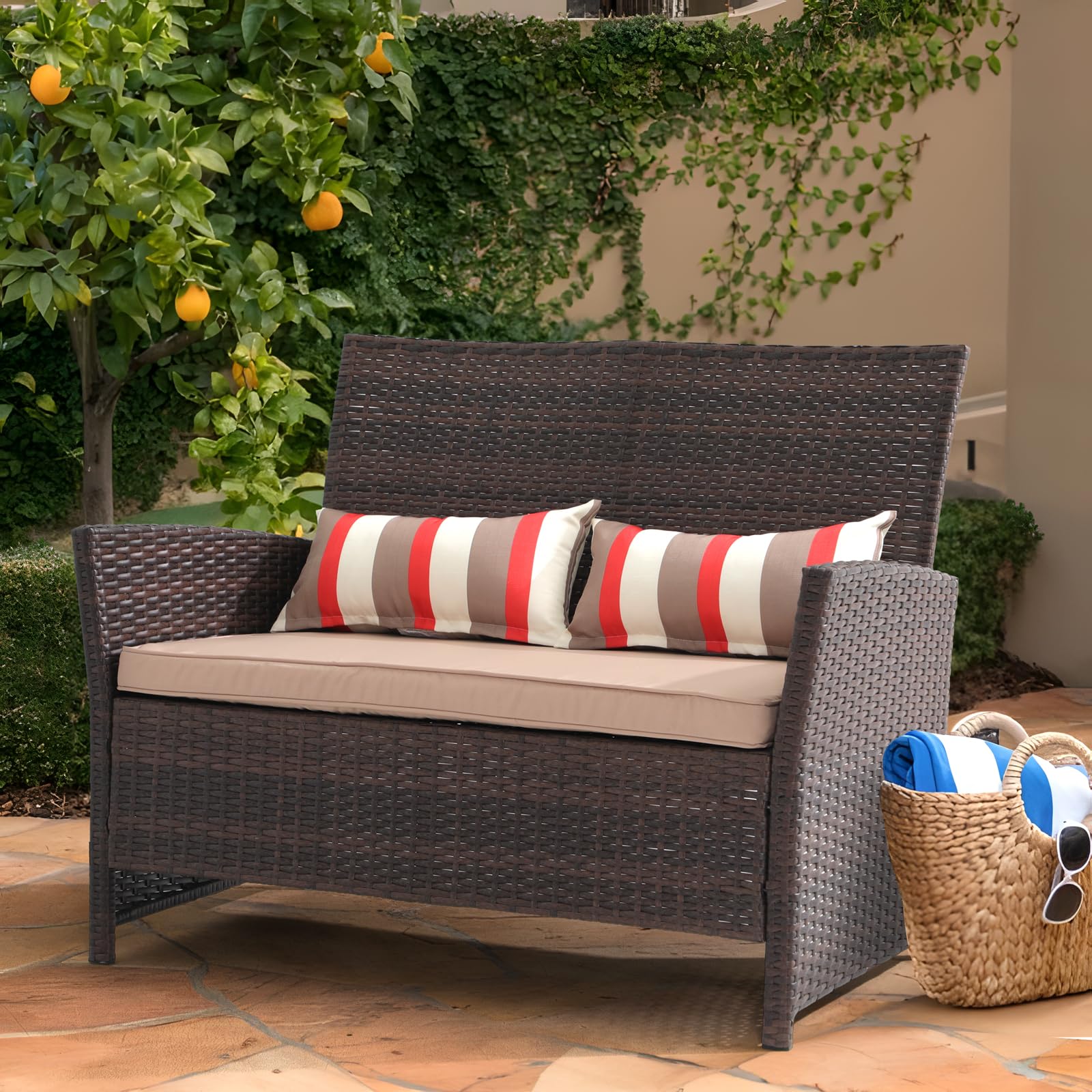 Outdoor Wicker Loveseat with Cushions, 2 Seats Patio PE Rattan Sofa