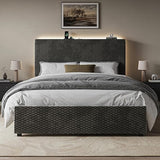 Queen Upholstered Bed Frame with Storage Headboard & LED Lights - White