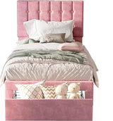 Twin Bed Frame with Under-Bed Drawer, Velvet Upholstered Platform Bed Frame with Headboard,