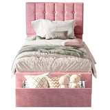 Twin Bed Frame with Under-Bed Drawer, Velvet Upholstered Platform Bed Frame with Headboard,