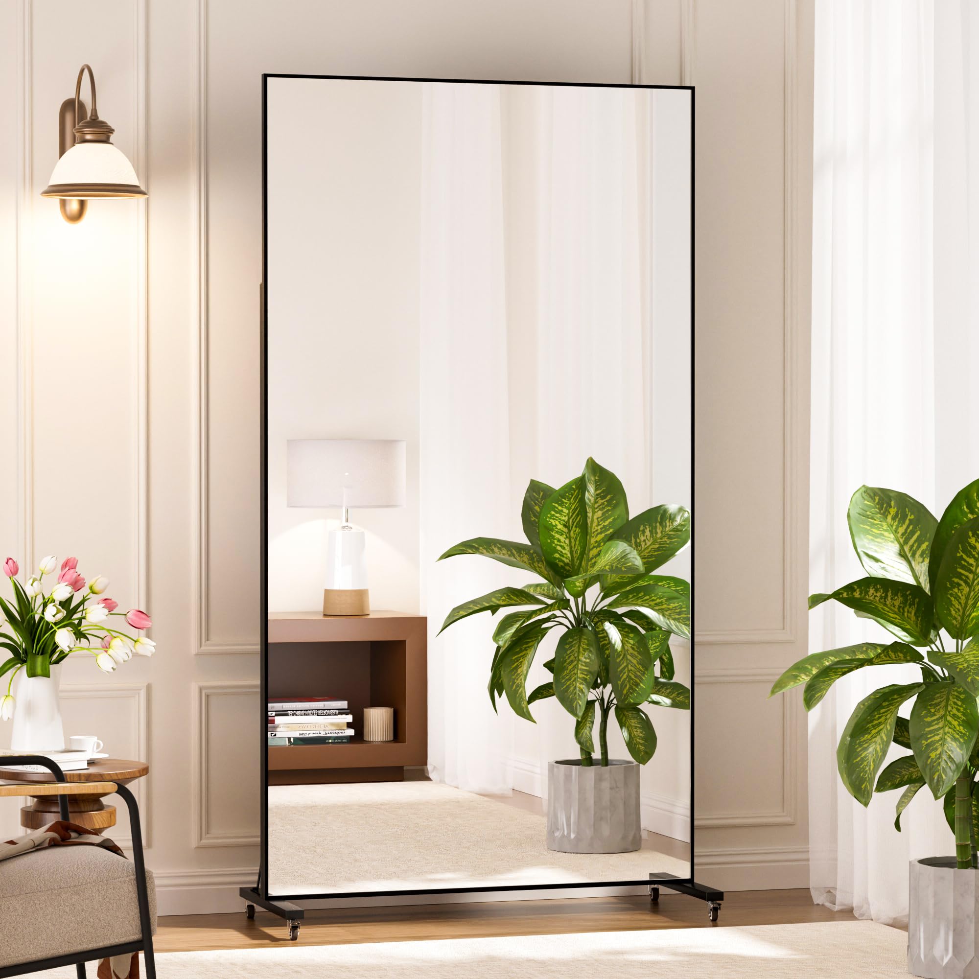 Large Rolling Mirror 71" x 40" - Shatterproof Full-Length Glass for Gym, Dance Studio & Home