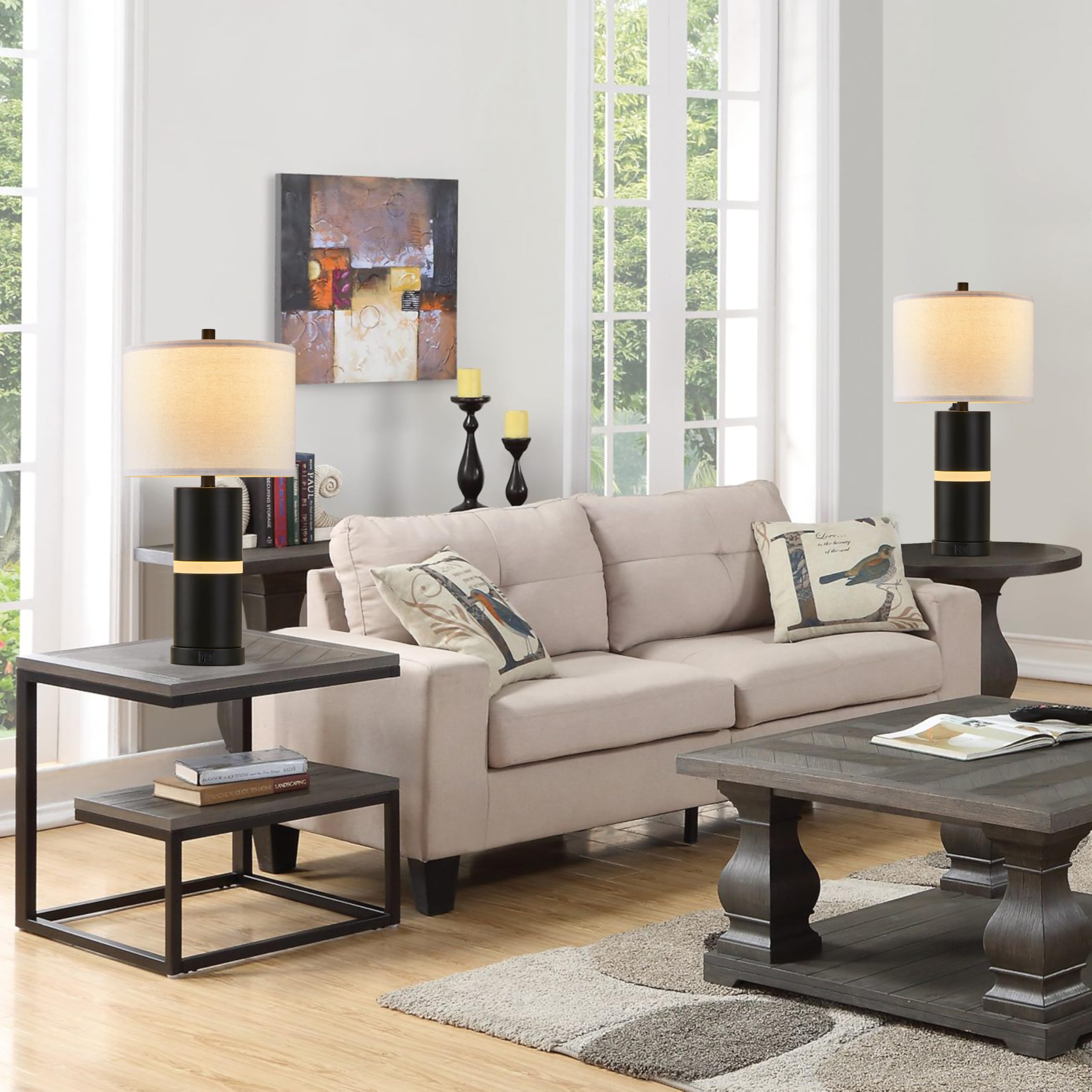 23.25" Black USB Table Lamp Set with Built-in Night Light (Set of 2)