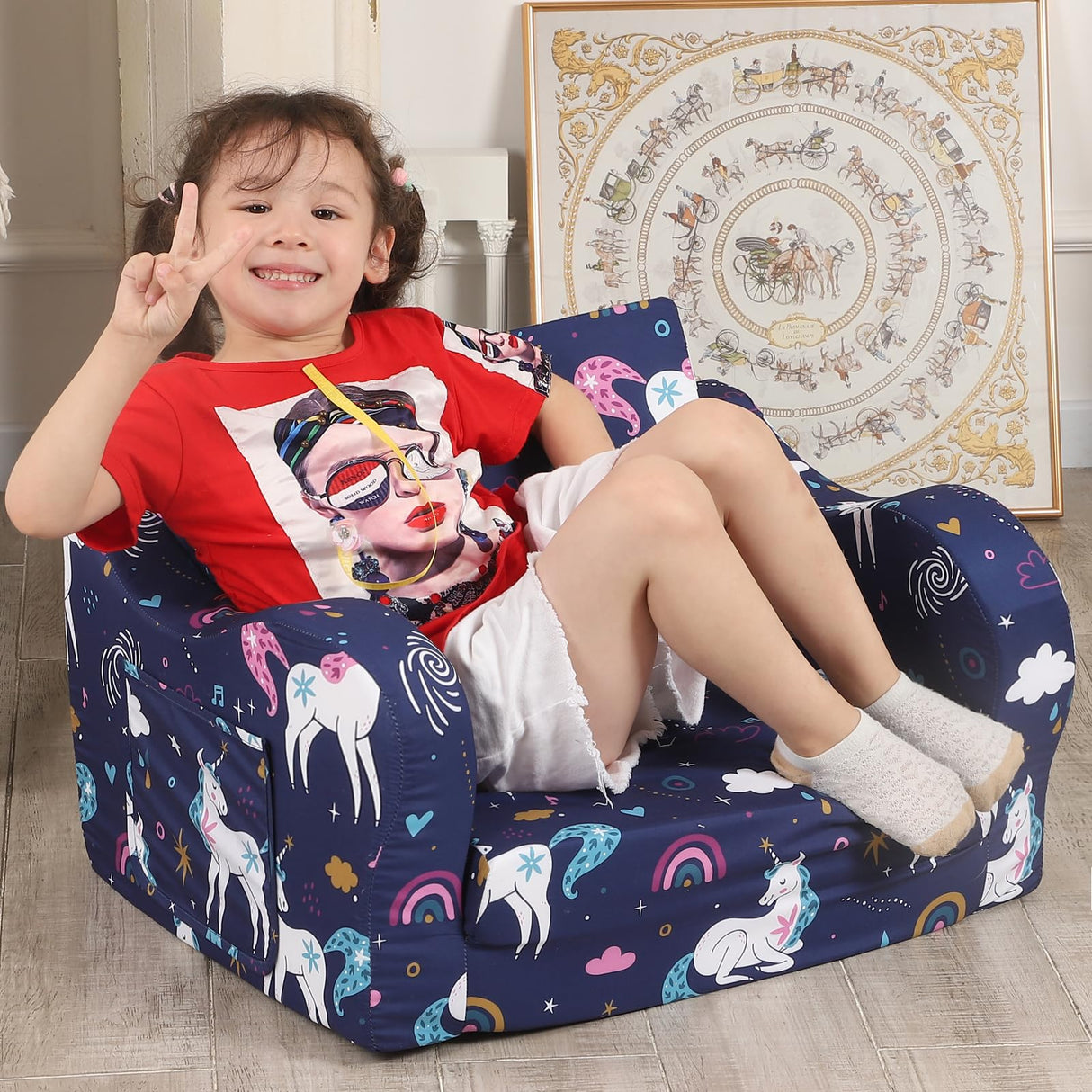 Rainbow Unicorn Kids Sofa, 2-in-1 Kids Couch Fold Out, Convertible Sofa to Bed for Girls and Boys