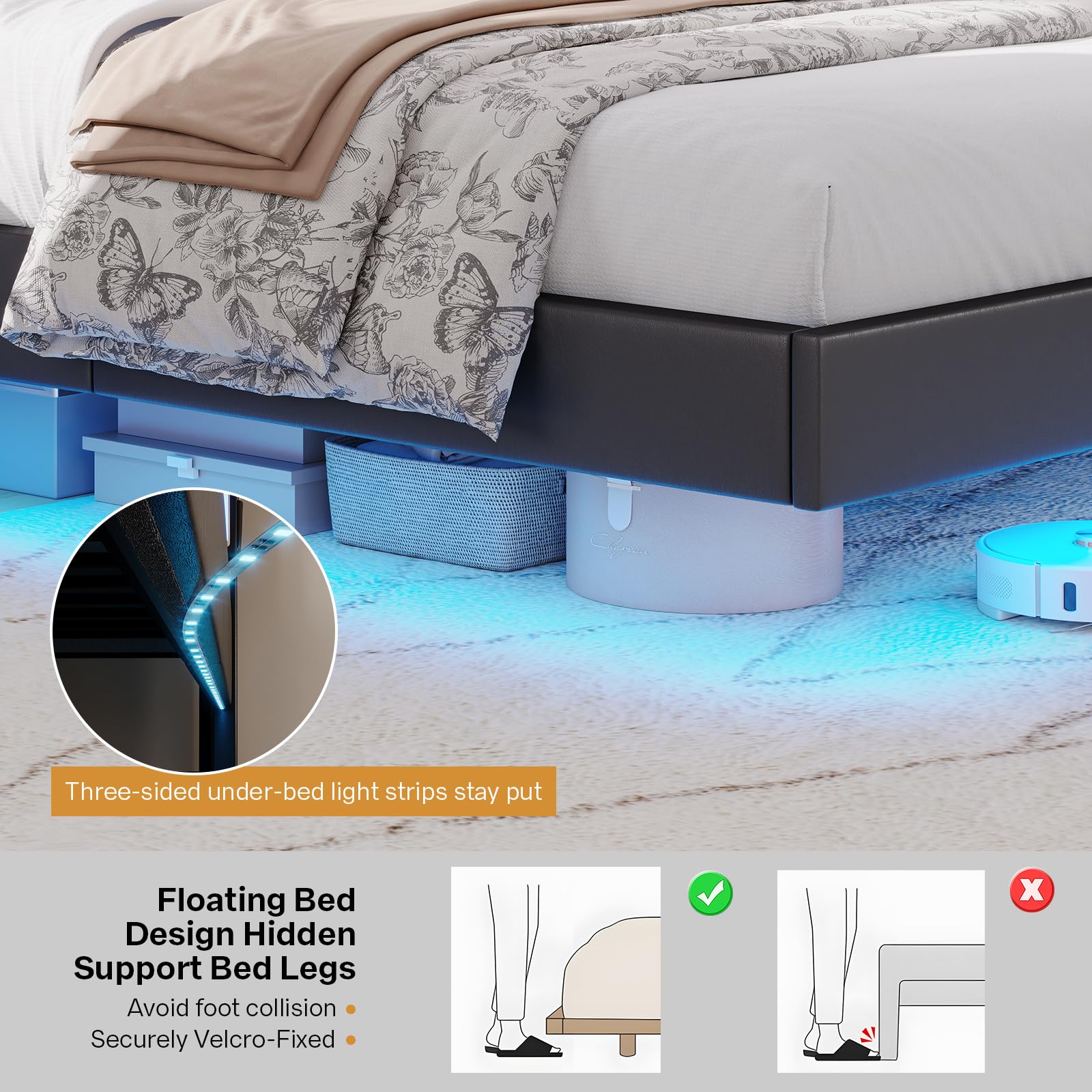 Floating Queen Bed Frame with LED Lights & Storage Headboard