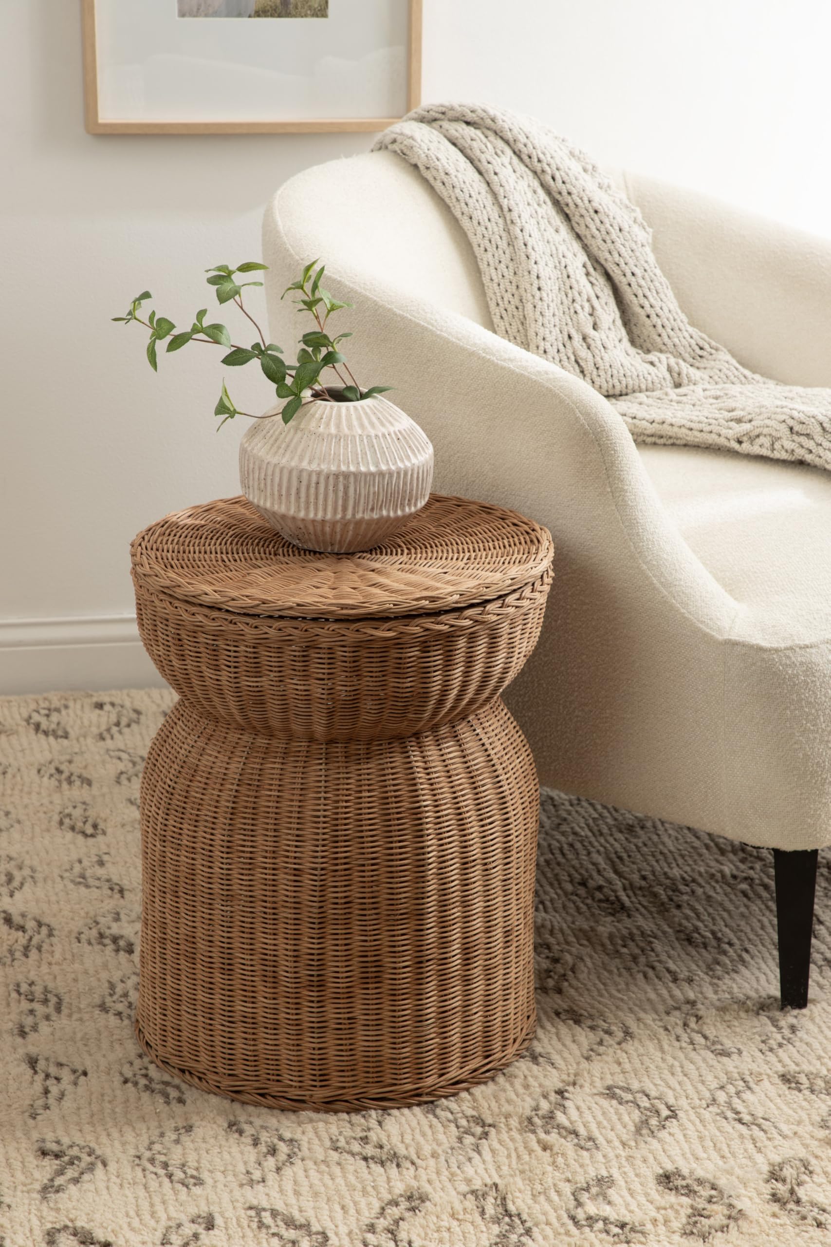 Thatch Modern Woven Rattan Round Storage Side Table, 17 x 17 x 21, Natural Rattan