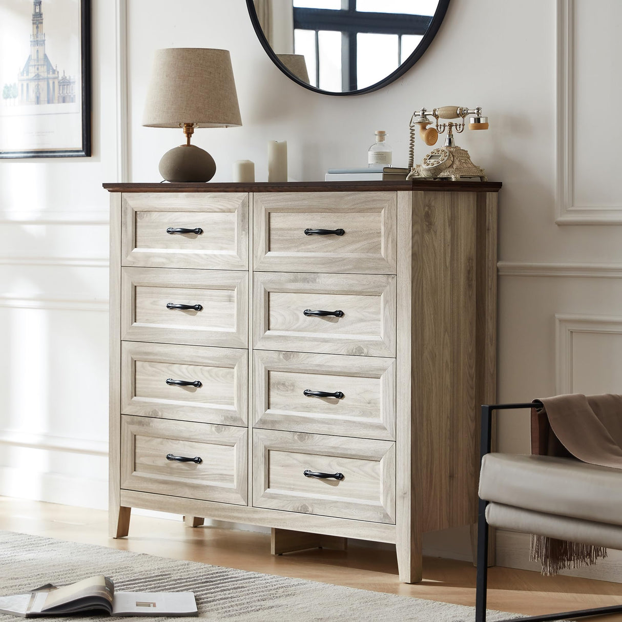 Dresser for Bedroom, 8 Drawer Dresser with Metal Handles, White Chest of Drawers