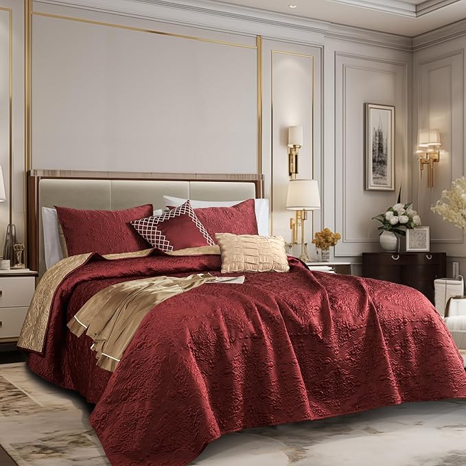 Silky Satin Quilt Set 5 Pcs King Cooling Comforter Lightweight Summer Bedding