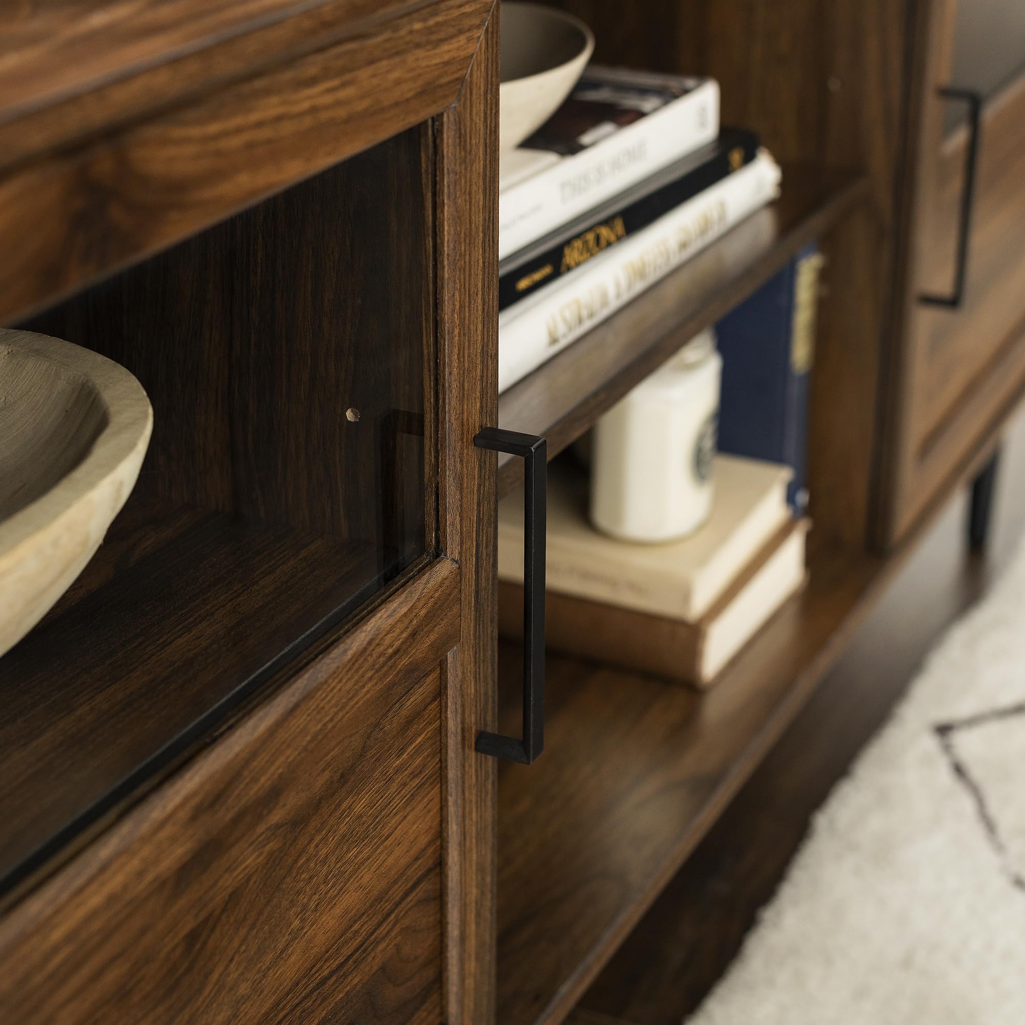 Modern Farmhouse Wood and Glass TV Stand with 2 Cabinet Doors for TV