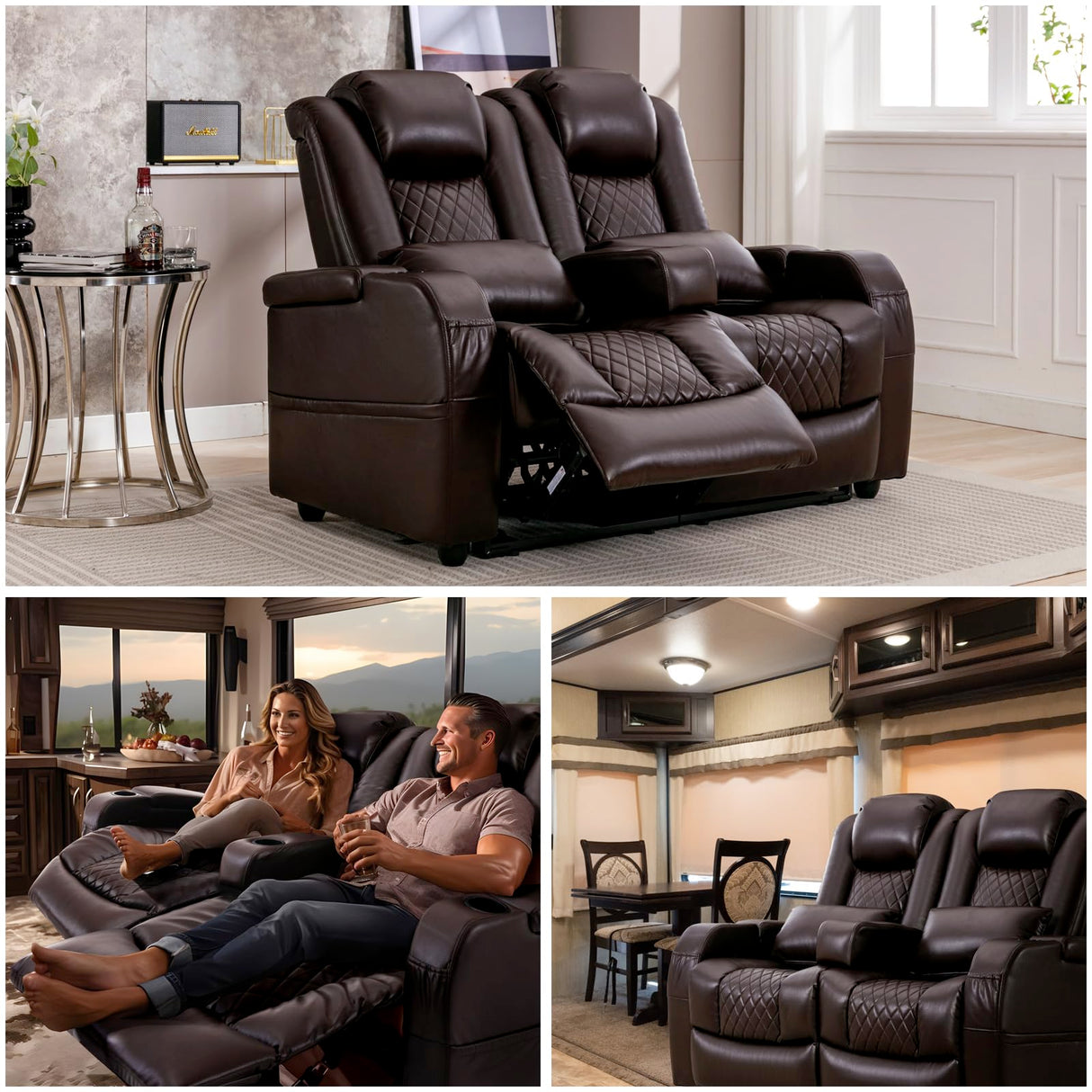 57" RV Loveseat Recliner, Double Recliner Furniture with 3 Arms and 2 Pillows, Wall