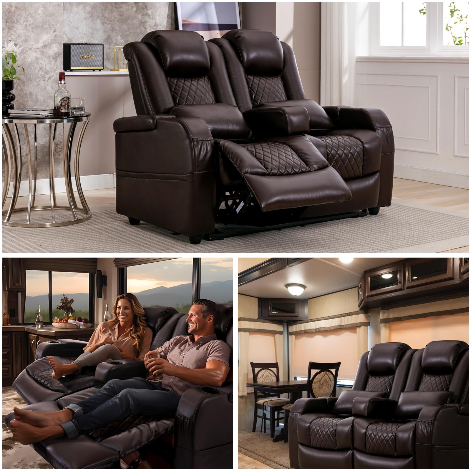 57" RV Loveseat Recliner, Double Recliner Furniture with 3 Arms and 2 Pillows, Wall Hugger