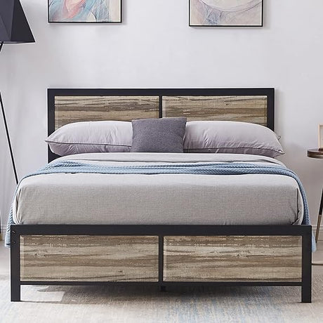 Queen Size Platform Bed Frame with Rustic Vintage Wood Headboard