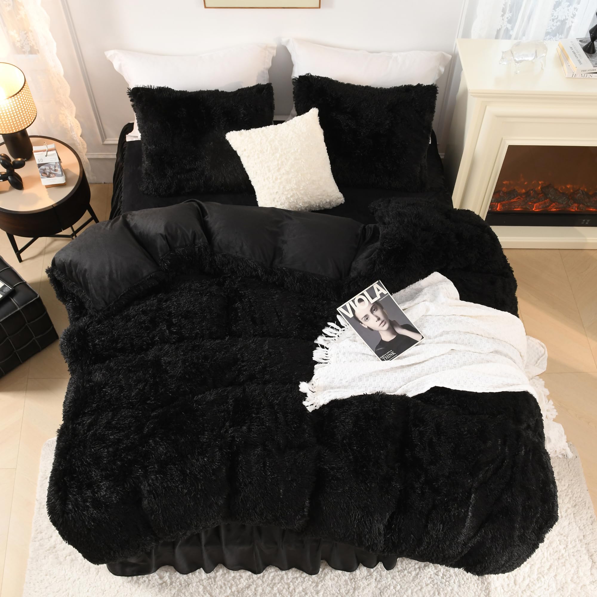 Black Fluffy Comforter King Size, Luxury Plush Faux Fur Bedding Set for King Bed,