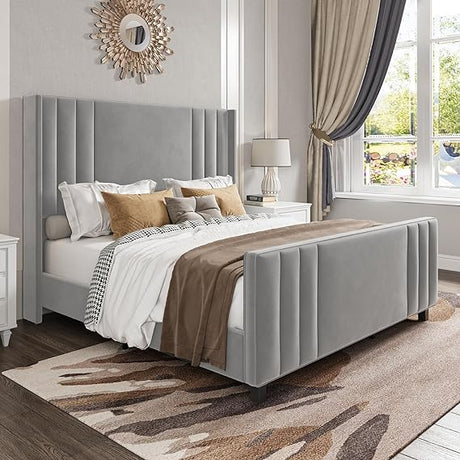 Queen Size Platform Bed Frame, Upholstered Bed with Vertical Channel Tufted Wingback