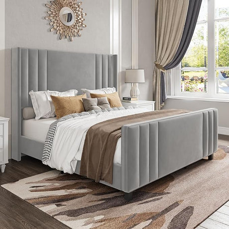 King Size Platform Bed Frame, Upholstered Bed with Vertical Channel Tufted Wingback Headboard & Footboard,