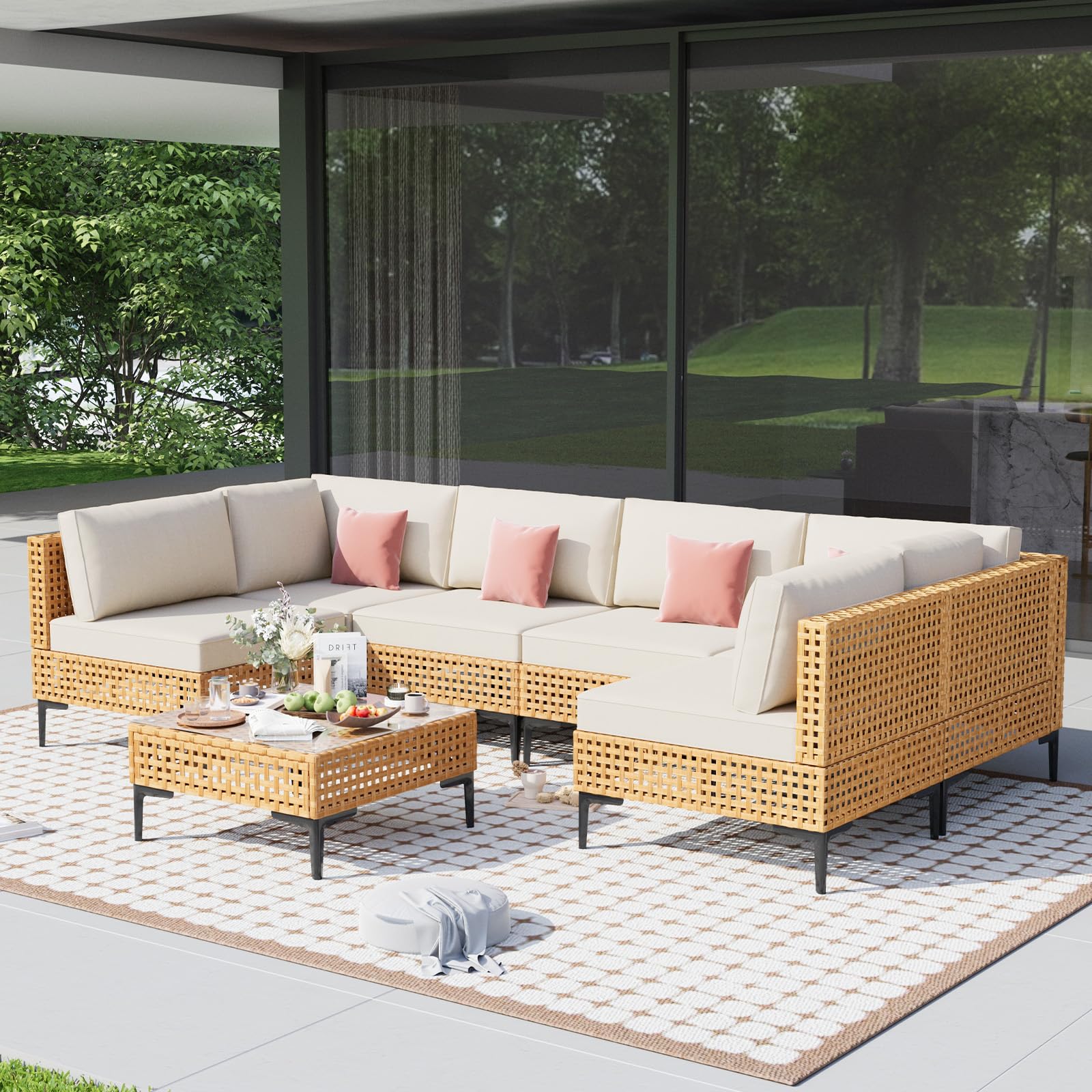 Outdoor Patio Sofa Set with Table,7 Pieces 6 Seats Free Combination Modern