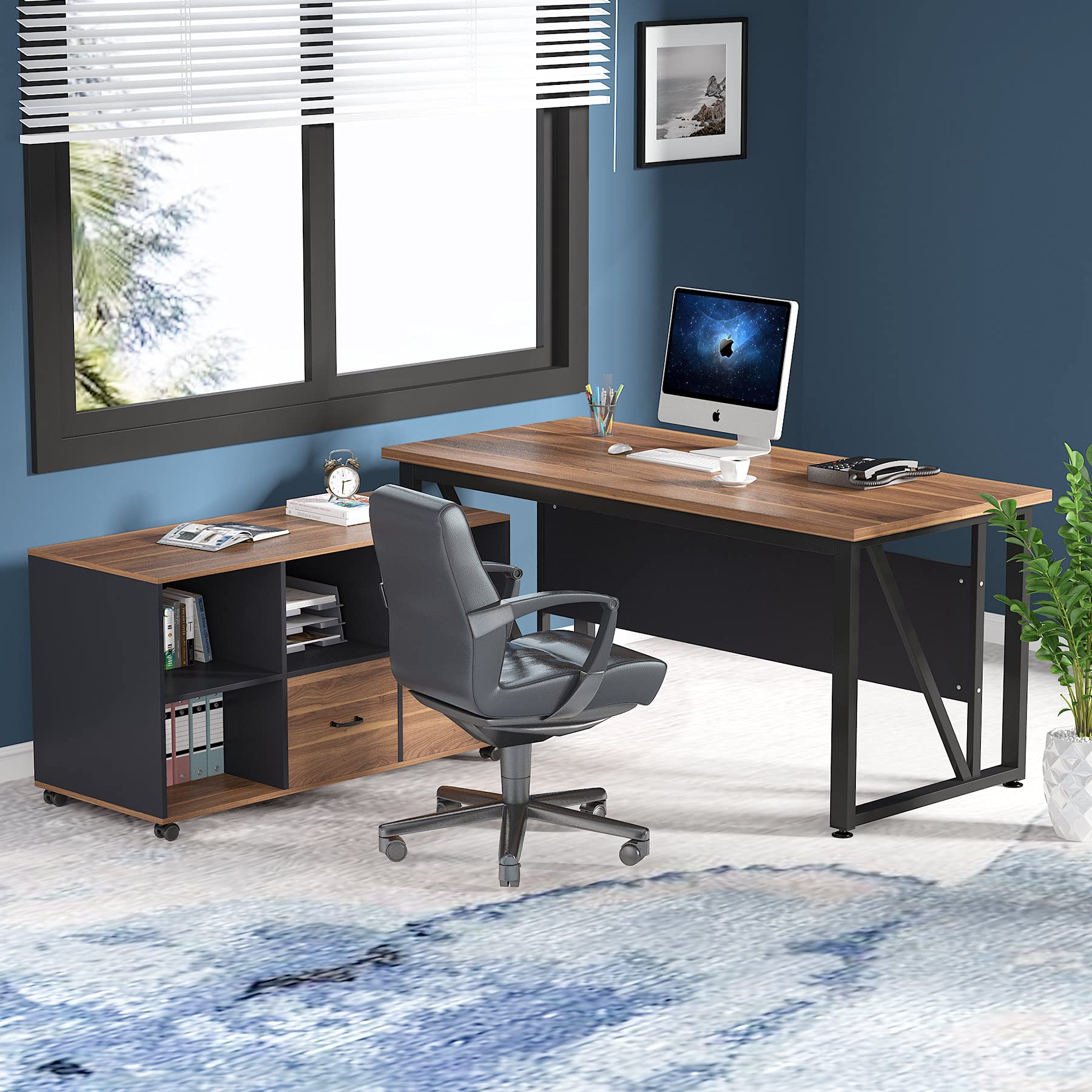 55 inches Executive Desk and 43" lateral File Cabinet, L-Shaped Computer Desk Home Office Furniture with Drawers and Storage Shelves, Office Table with Cabinet (Walnut, 55)