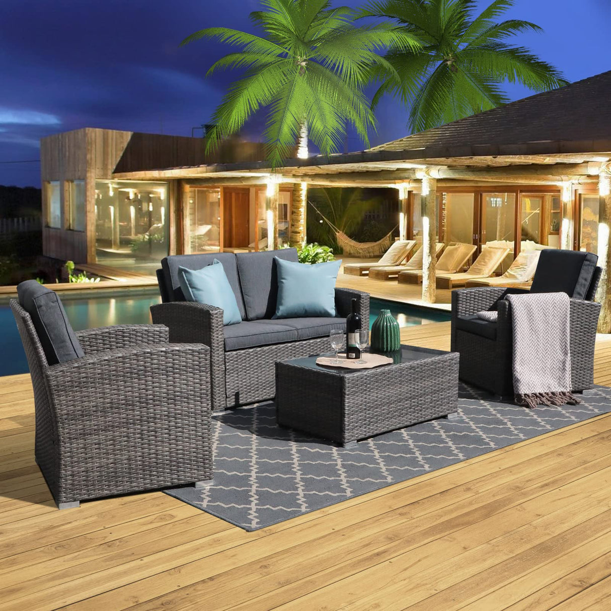 4 Piece Patio Conversation Set,All Weather Rattan Wicker Patio Furniture Set