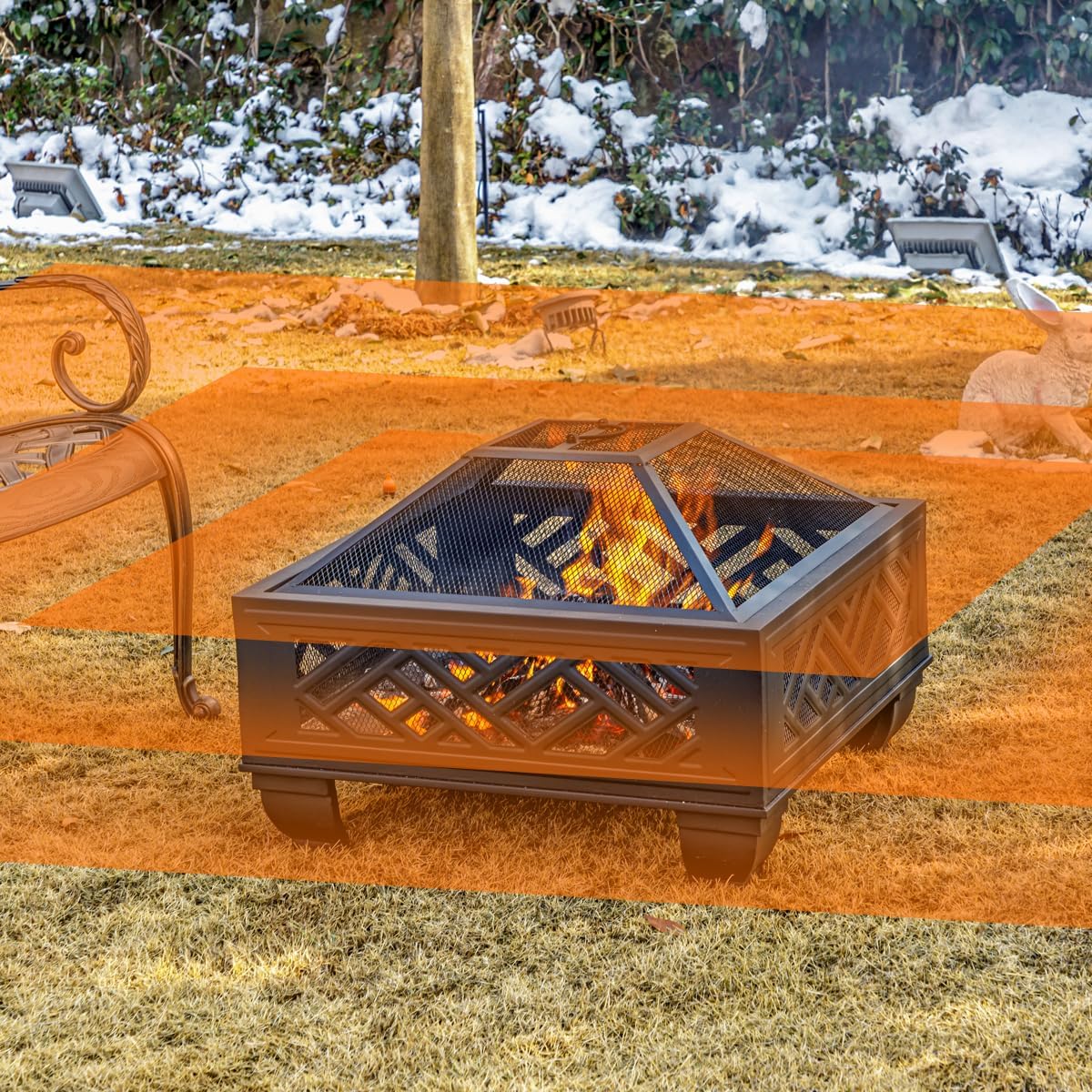 MistMo 26" Steel Square Fire Pit with Grill & Poker, Outdoor Fireplace with Mesh Cover for Patio, Backyard & Garden, Ideal - Bircata