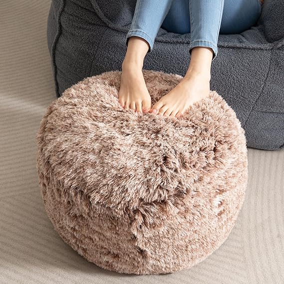 Round Stuffed Pouf Ottoman, Long Faux Fur Poufs with Foam Chunk Filling