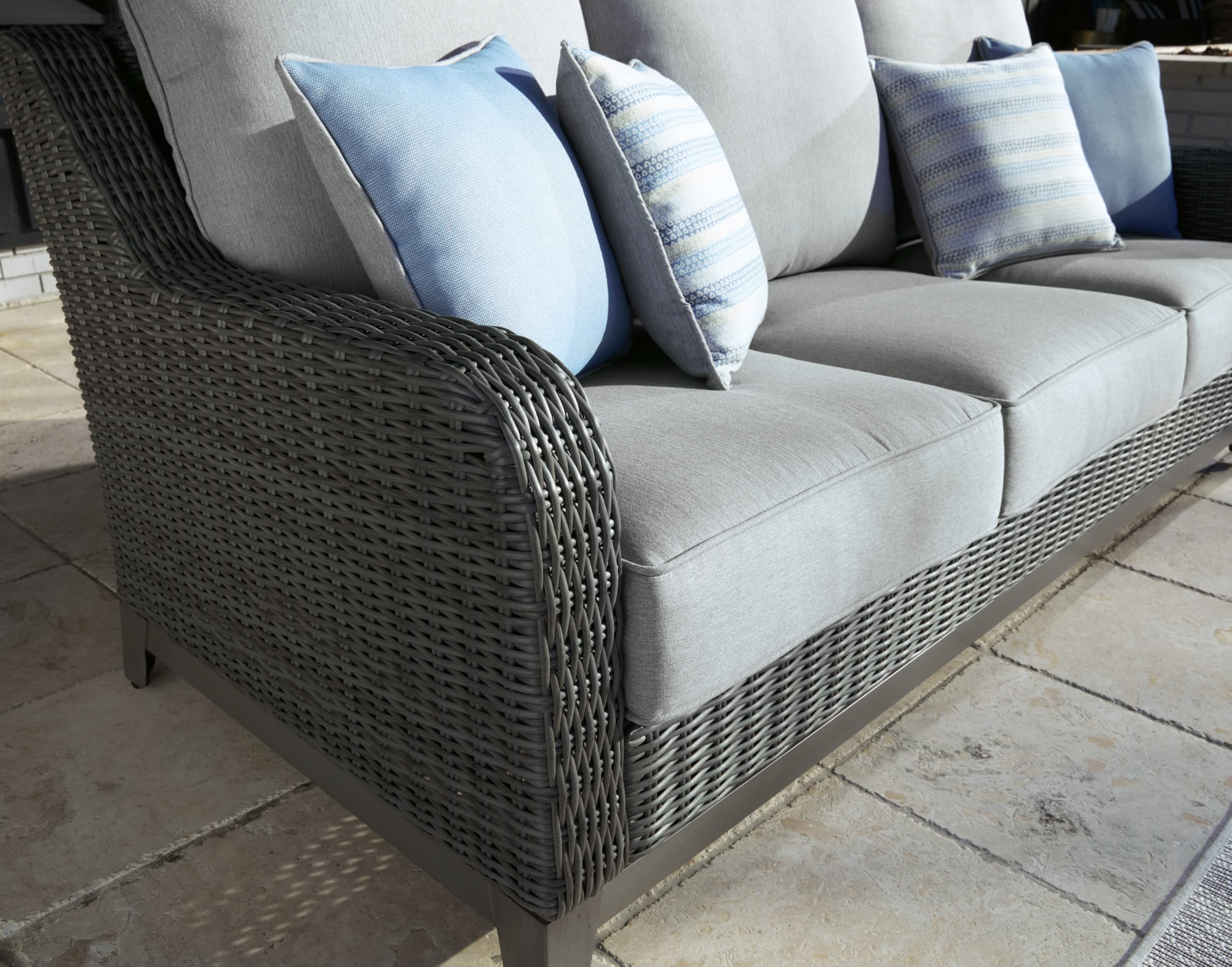 9 by Ashley Outdoor Elite Park Patio Wicker Sofa with Cushion, Gray