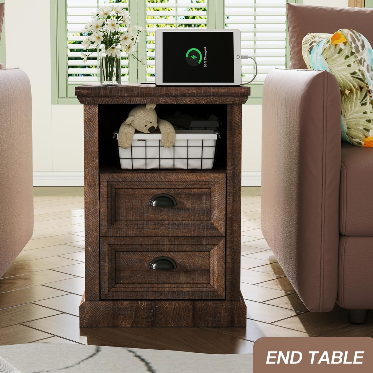Farmhouse End Table with Charging Station, Nightstand