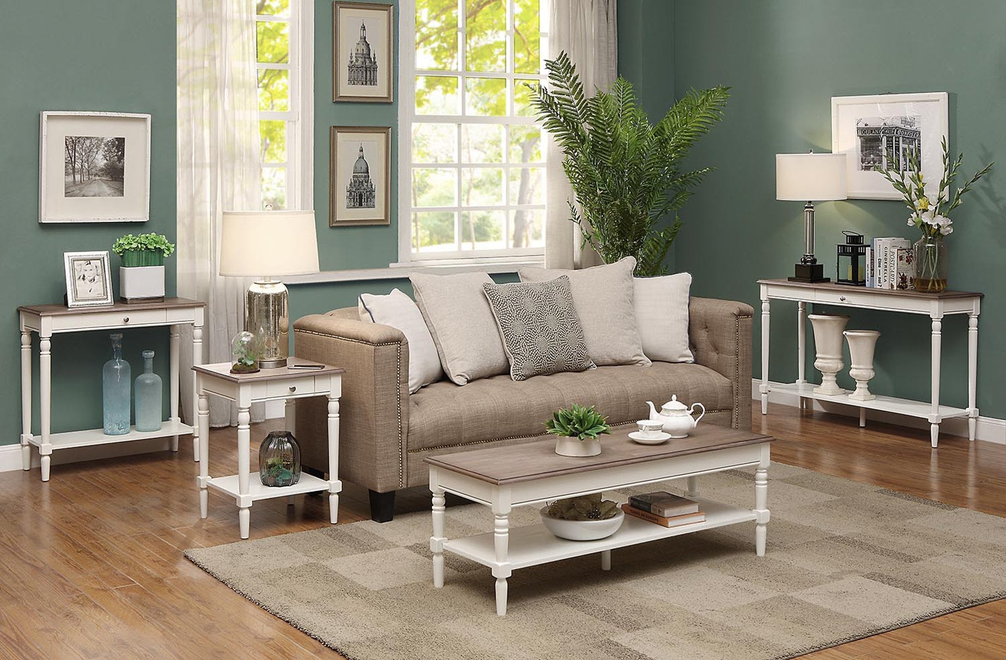 French Country 1 Drawer Hall Table with Shelf, Driftwood/White