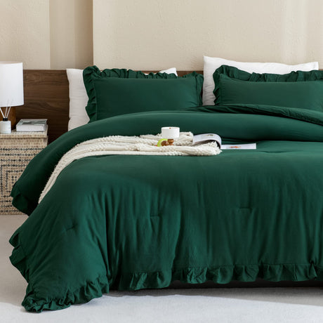 Dark Emerald Green Comforter Set Queen, 3 Pieces Solid Ruffle Farmhouse Bedding Set