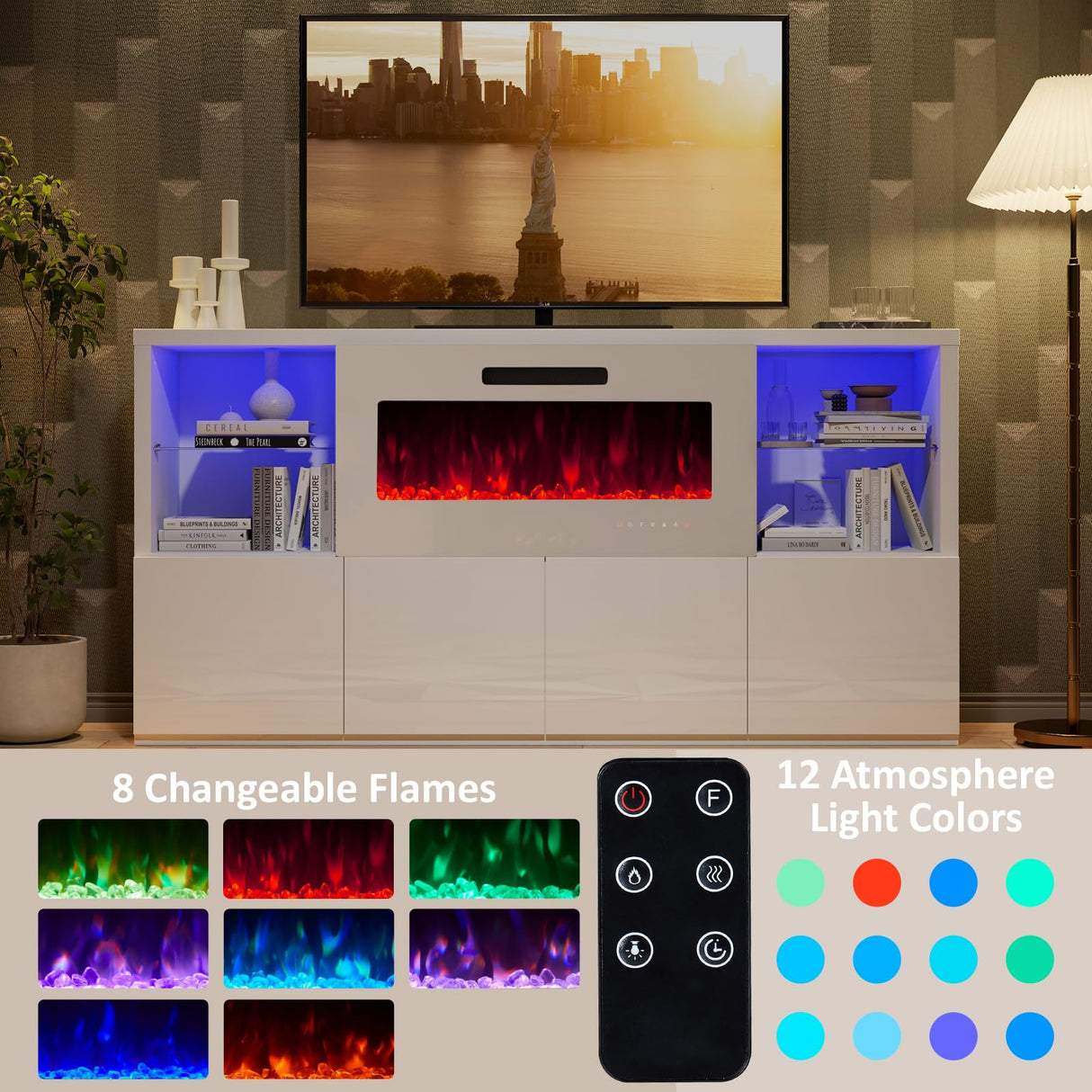 3 Piece Modern High Gloss Fireplace TV Stand + Bookcase Set for Living Room